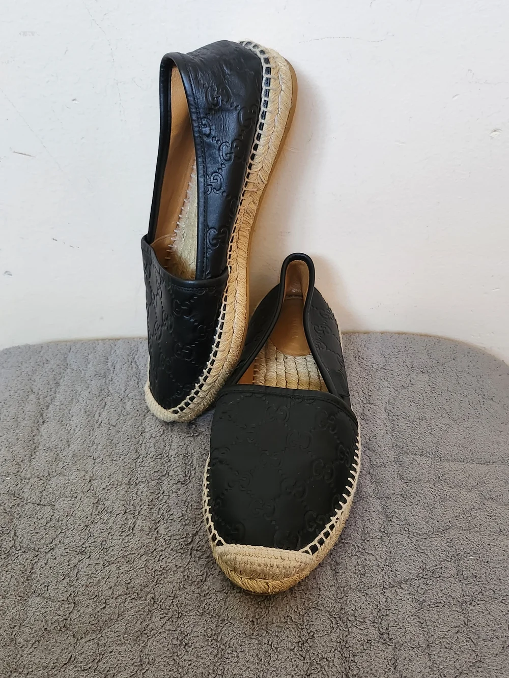 Gicci Leather Embroidered Monogram Black Espadrille Flats
